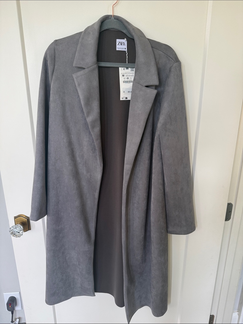 ZARA Grey Suede-Effect Open Front Trench Coat